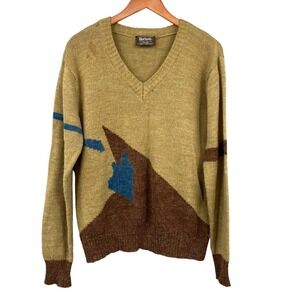 Horizon vintage 70s V Neck Abstract Geometric Knit Sweater Mens Large Tan Brown